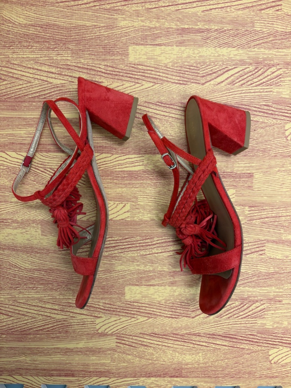 Stuart Weitzman Red Suede Braided Luxury Tassel Sandals Block Heels Sz 8